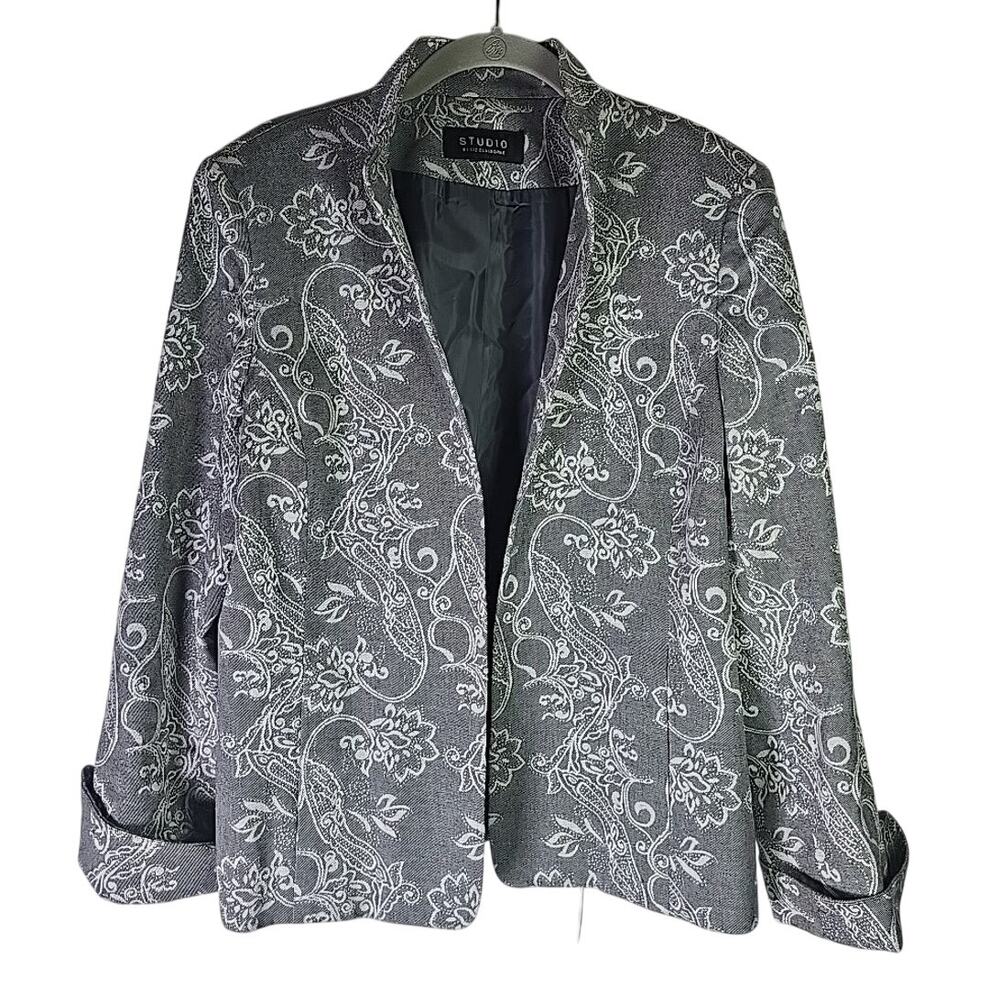Liz Claiborne STUDIO Blazer Jacket Paisley Womens Medium Gray Collared Office